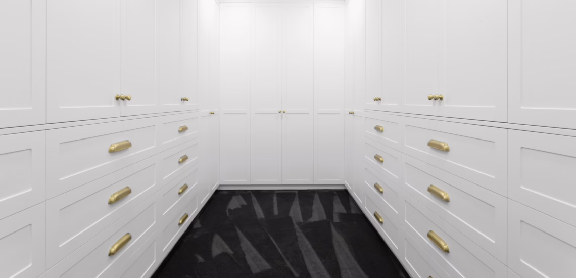 Elegant Walk-In Closet with White Cabinets and Gold Accents
