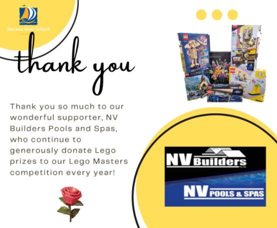 Bucasia State School thanking NV Builders for LEGO Masters competition sponsorship